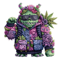 A cartoon monster wearing a floral hoodie, sunglasses and backpack.