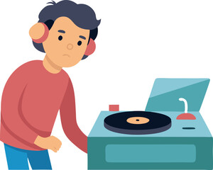 Illustration of a young individual listening to music on a retro record player wearing headphones. Perfect for concepts of nostalgia, music appreciation, and vintage technology.