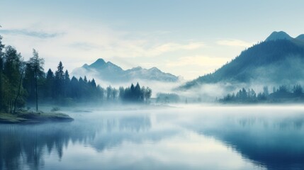 Fototapeta premium Mist-covered lake with mountains in the background, serene atmosphere, soft morning light