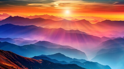 breathtaking view of a mountain range bathed in the warm hues of a setting sun with layers of peaks fading into the distance