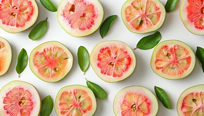Naklejka premium Sliced pink pomelo with green leaves arranged in a pattern on a white background, showcasing fresh and vibrant citrus fruit.