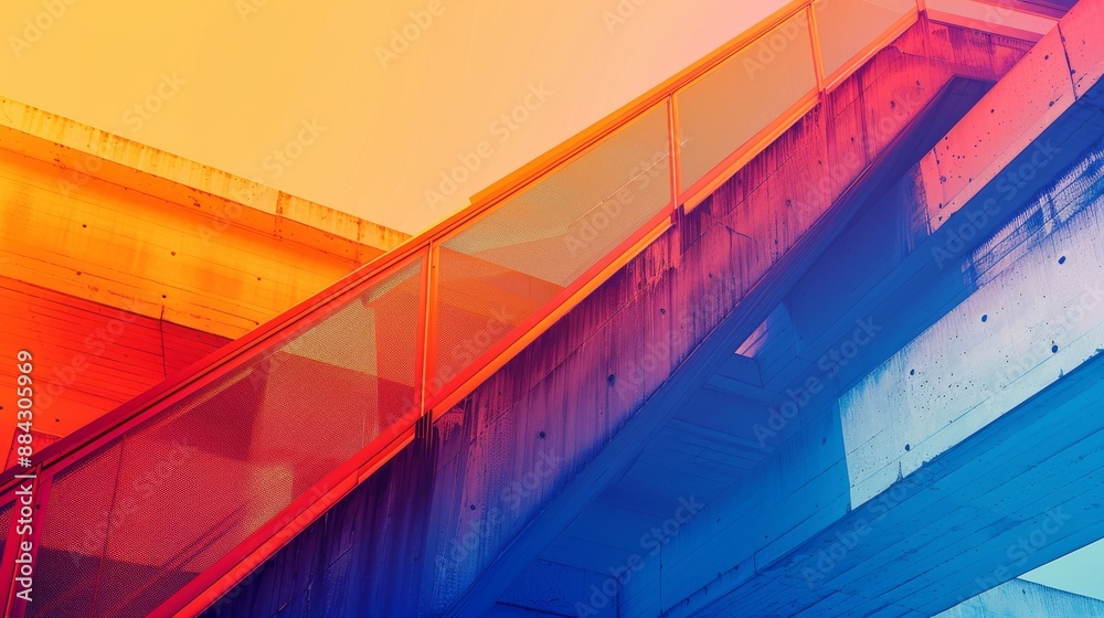 Poster colorful abstract interpretation of a bridge with gradient colors transitioning from blue to orange