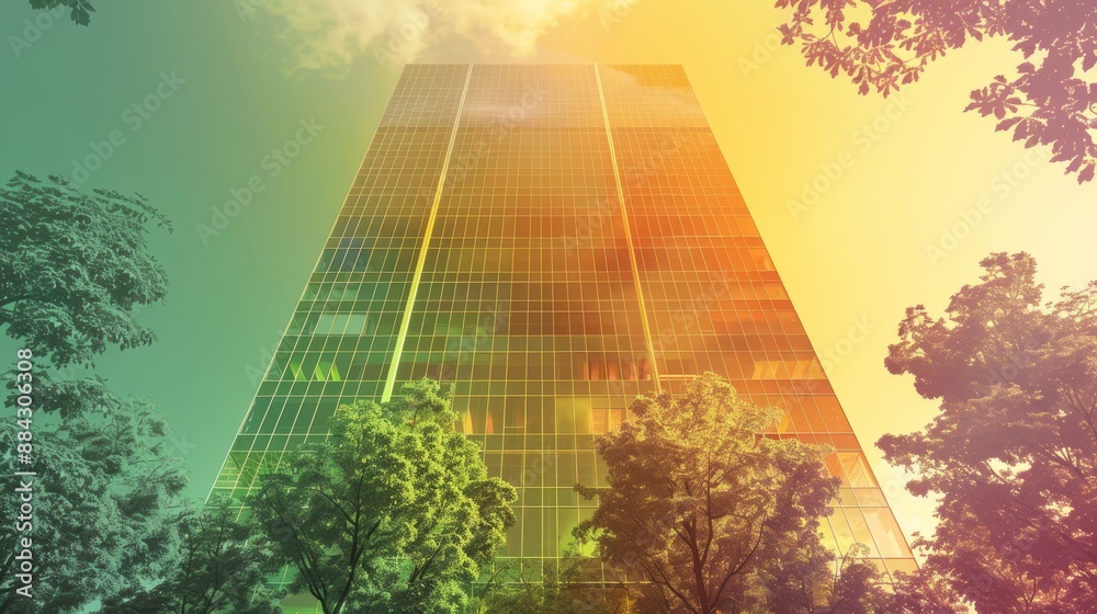 Poster conceptual design of a high-rise building with a gradient exterior ranging from green to yellow