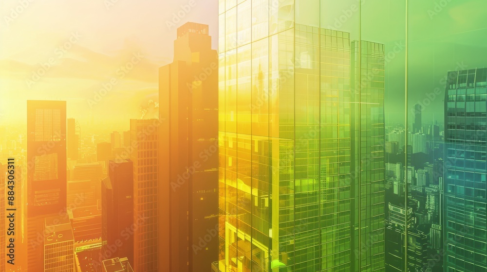 Poster conceptual design of a high-rise building with a gradient exterior ranging from green to yellow