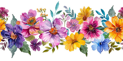 A seamless border pattern with different kinds of summer flowers. Hand drawing, watercolor painting