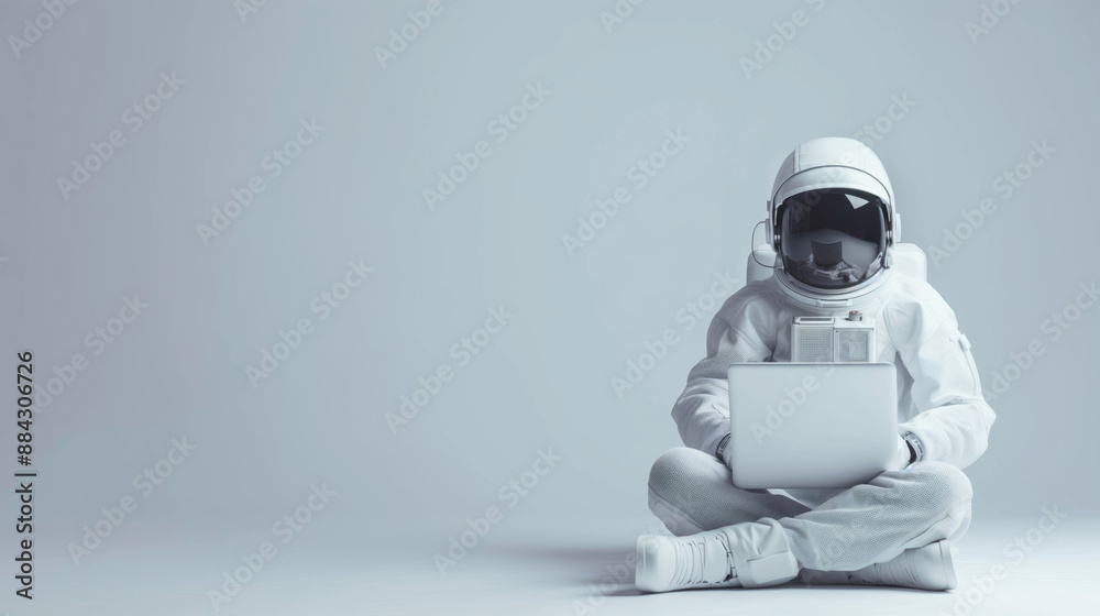 Wall mural astronaut using laptop sitting on light gray studio background with copy space, concept of internet 