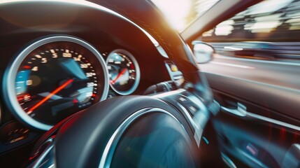 A close-up of a car dashboard with the speedometer indicating high speed and the background blurred due to rapid motion, representing the thrill and excitement of fast driving.