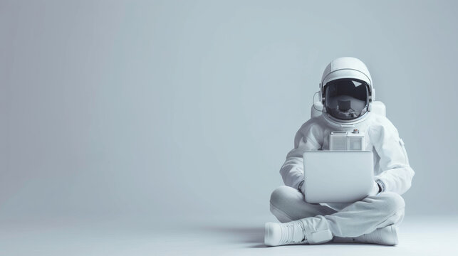 Astronaut using laptop sitting on light gray studio background with copy space, concept of internet technology