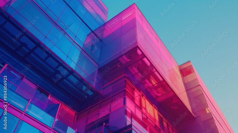 Poster futuristic building with a vibrant color gradient facade that transitions from deep blue to bright pink