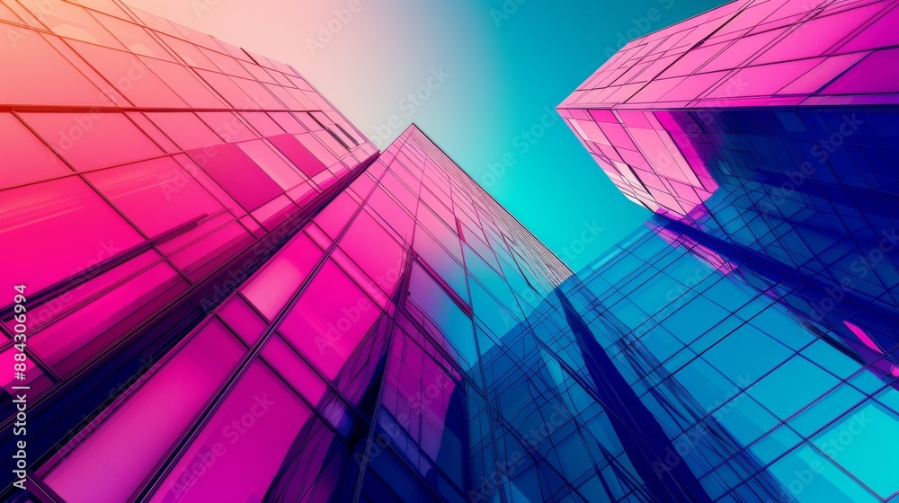 Poster futuristic building with a vibrant color gradient facade that transitions from deep blue to bright p