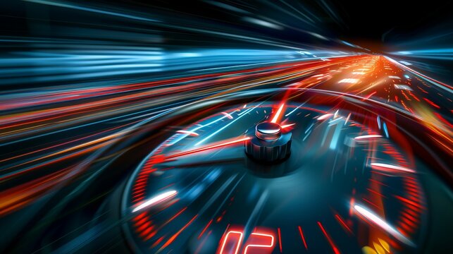 A high-speed time-lapse of a car dashboard illustrating velocity with a red and blue motion blur, capturing the essence of speed, modern technology, and dynamic movement.