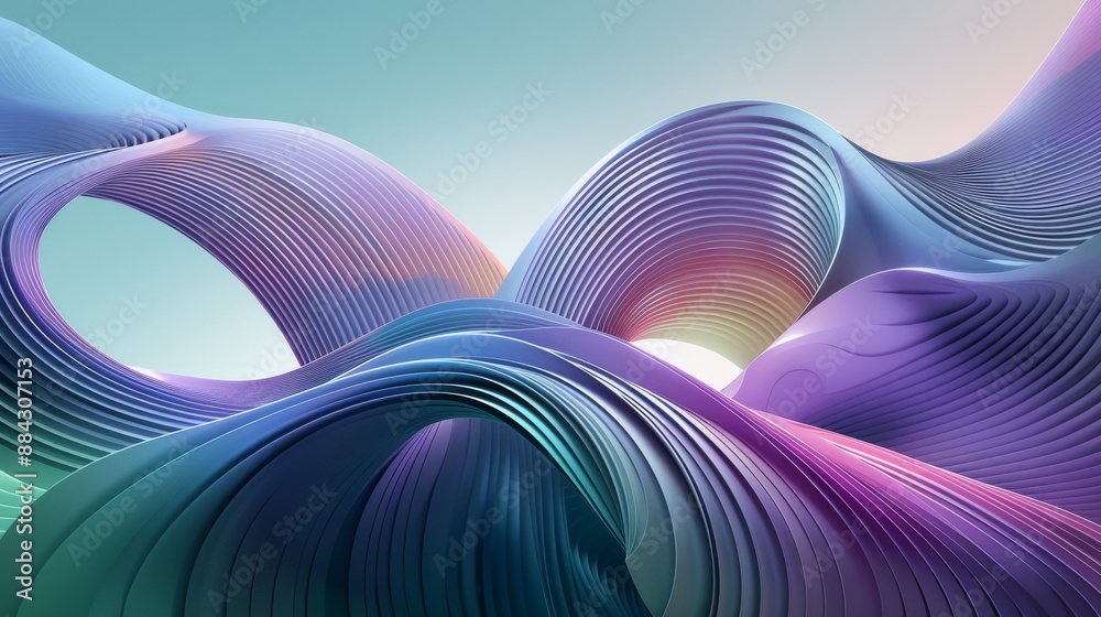 Poster modern architectural structure with flowing lines and a gradient color scheme blending purple, blue, and green