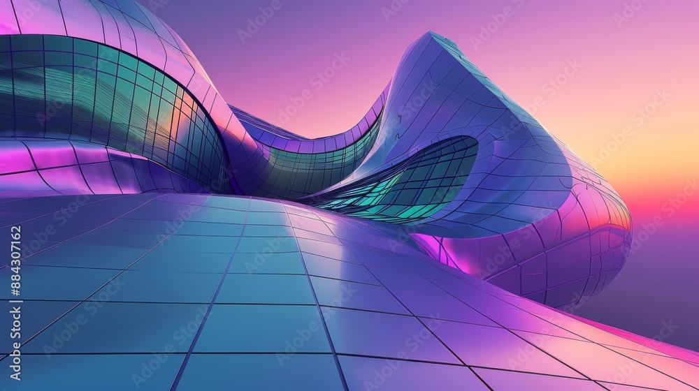 Aufkleber modern architectural structure with flowing lines and a gradient color scheme blending purple, blue, and green