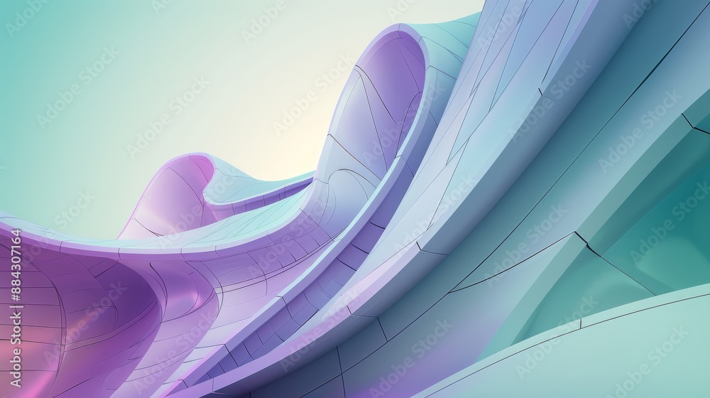Poster modern architectural structure with flowing lines and a gradient color scheme blending purple, blue, and green
