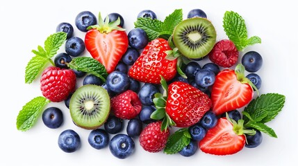 Obraz premium An assortment of fresh fruits such as strawberries, blueberries, and kiwi slices, arranged in a visually appealing manner on a transparent background.