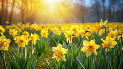 Wild yellow daffodils blooming in a lush field , flowers, nature, spring, wild, daffodils, yellow, field, meadow, petals