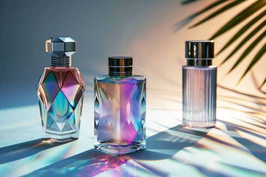 Collection of elegant perfume bottles with prism effect, casting colorful reflections and shadows, creating luxurious ambiance