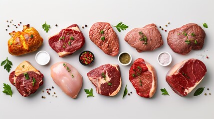 A variety of meats, such as beef steaks, chicken breasts, and pork chops, laid out on a transparent background to emphasize their quality and marbling.