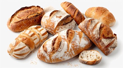 Freshly baked bread loaves and rolls, arranged on a transparent background to emphasize their crusty exteriors and soft interiors.