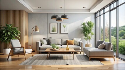 Modern living room featuring minimalist design, cozy furniture, natural light, and contemporary decor , interior, home