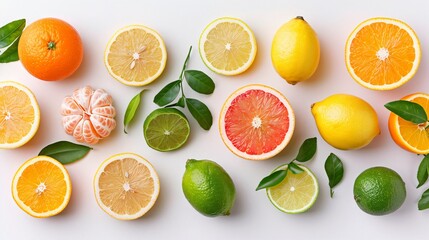 A selection of citrus fruits, including lemons, limes, and oranges, arranged on a transparent background to emphasize their bright colors and juicy segments.