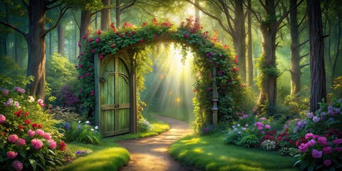 Fototapeta premium Enchanted gateway leading to a lush, green forest with vibrant flowers and sunlight filtering through the trees, portal