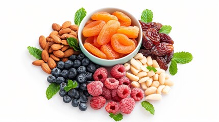 A selection of dried fruits, including apricots, figs, and dates, arranged on a transparent background to emphasize their rich colors and textures.