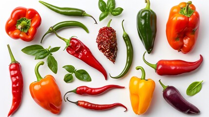 A variety of peppers, including jalapenos, habaneros, and bell peppers, arranged on a transparent background to showcase their different shapes and vibrant colors.