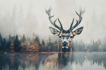 Fototapeta premium Beautiful Animals Blending with Serene Water and Nature Backgrounds by Double Exposure effect. Double Exposure Images: Beautiful Animals Combined with Tranquil Water and Lush Nature Scenes.