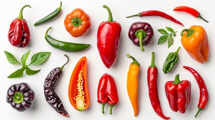 A variety of peppers, including jalapenos, habaneros, and bell peppers, arranged on a transparent background to showcase their different shapes and vibrant colors.
