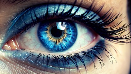 Close-up of a stunning blue eye with intricate details, long lashes, and vibrant makeup, showcasing the beauty and complexity of the human eye.