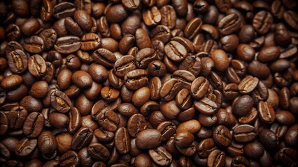 Obraz premium Close-up of roasted coffee beans, rich in color and texture, ideal for coffee-related themes and backgrounds in various design projects.