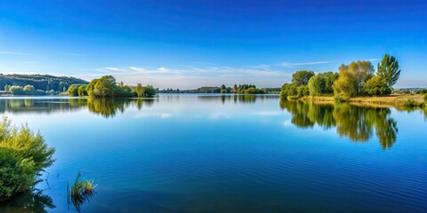 Tranquil lake in Lac de Madine, France with clear blue sky reflected on water surface, Lac de Madine, Grand Est