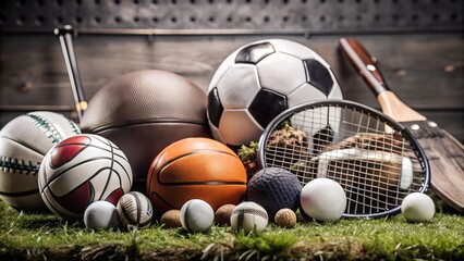Diverse sports equipment including balls, rackets, and bats on grass, perfect for representing various sports activities.