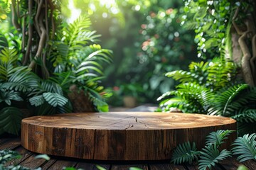 Fototapeta premium A wooden podium placed in the midst of a tropical forest. Generative AI