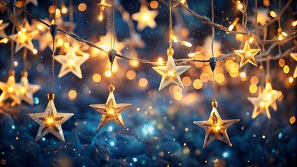 Obraz premium Festive star-shaped string lights glowing warmly against a blurred blue background, creating a cozy and magical holiday atmosphere.