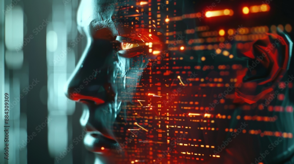 Aufkleber AI humanoid head with futuristic data streams