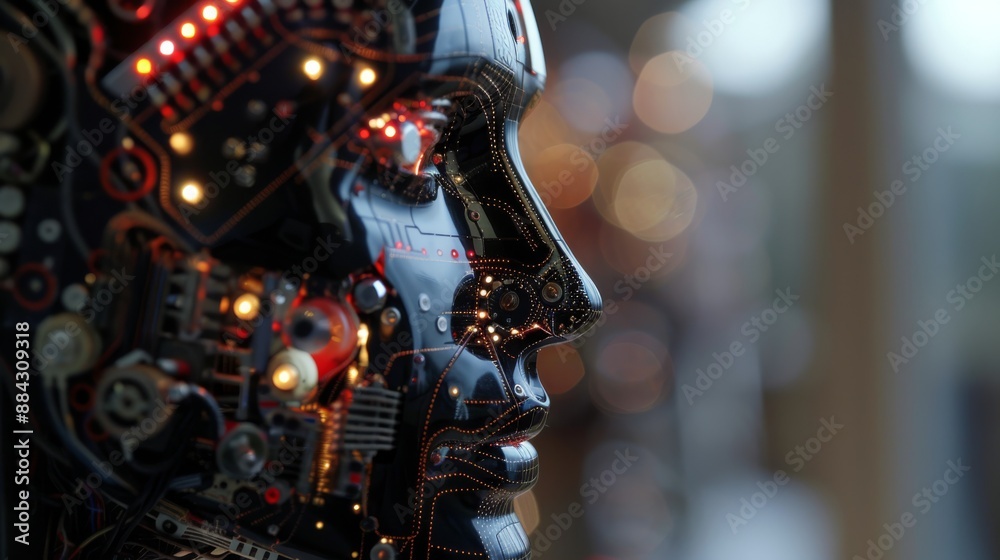 Poster AI-powered humanoid head with intricate electronic components