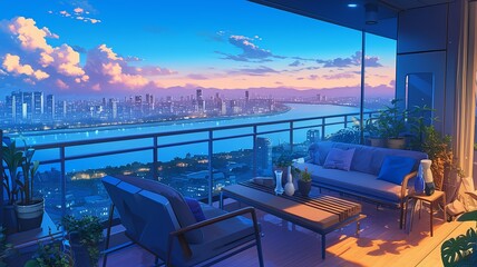 Fototapeta premium Evening Cityscape from Rooftop Balcony
