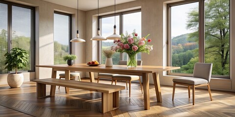 Obraz premium Minimalist wooden dinning table with benches and a vase of flowers in a modern house with large windows, minimalist, wooden
