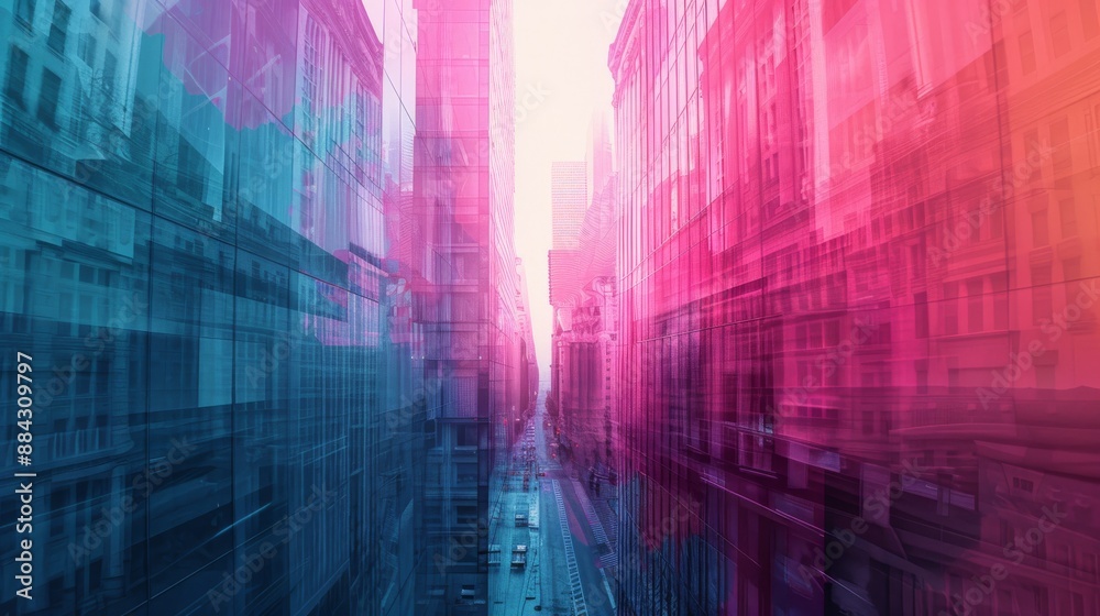 Poster an artistic representation of urban architecture with vibrant gradient tones from teal to magenta