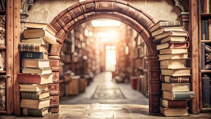 Obraz premium Vintage library with old books stacked beside a stone arch and warm sunlight streaming through, creating a cozy and nostalgic atmosphere.