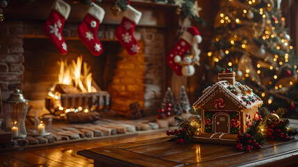 Cozy and Charming Christmas Cabin Scene with Crackling Hung with Care Gingerbread House on a Wooden Table and Timeless Vintage Holiday Decor Creating a Warm and Festive Ambiance