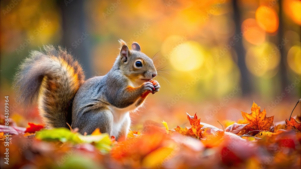 Sticker Beautiful cute squirrel gathering nuts in colorful autumn forest with winter approaching , squirrel, nuts, autumn, forest