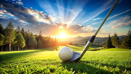 A golf club and ball on a pristine golf course, with a stunning sunrise in the background. Ideal for sports or nature themes.