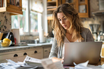 Fototapeta premium Businesswoman at home using a laptop and reviewing tax receipts in the kitchen