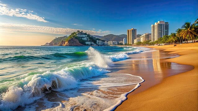 Ocean waves crashing on the sandy beach in Acapulco Mexico, beach, Acapulco, Mexico, ocean, waves, sand, shore, coastline