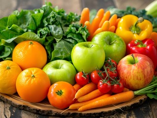 Vibrant Assortment of Fresh Fruits and Vegetables Artfully Arranged on Rustic Wooden Table