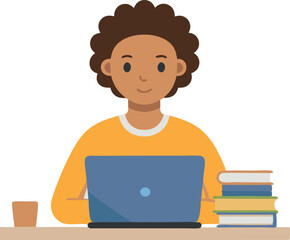 Illustration of a young person working on a laptop, with books and a coffee cup on the desk, in a flat style.