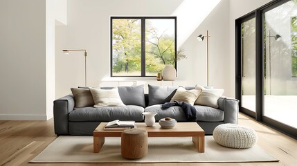 A sunlit living room with a plush, cloud-like indigo sofa anchoring a cozy reading nook. Light streams through a large window, illuminating woven throw pillows and a chunky knit blanket draped over